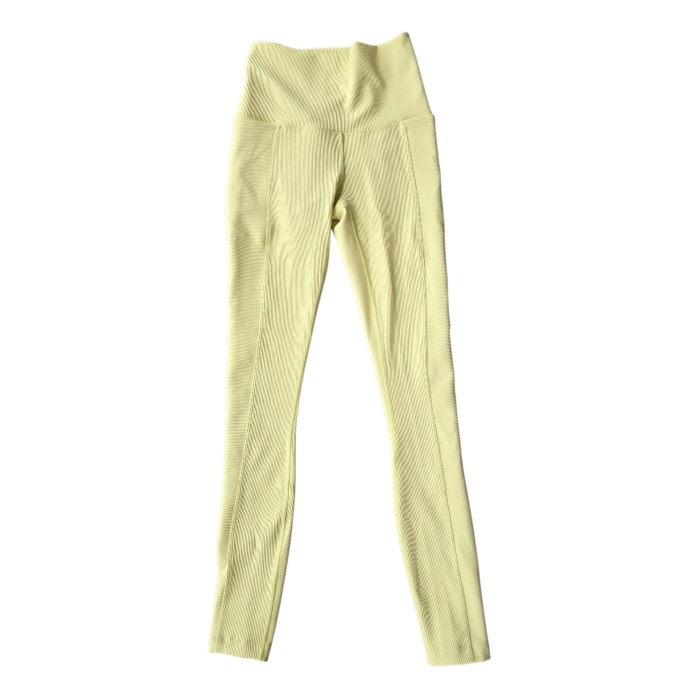 Calia Yellow Green Ribbed High-Waisted Leggings With Side Pockets Size XXS NWT